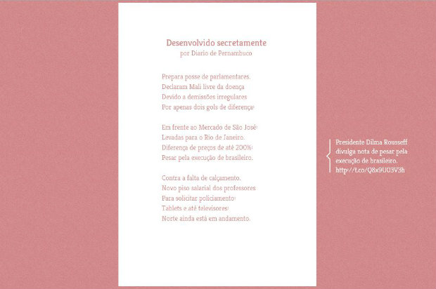 Ao lado de cada frase estão os tweetes completos de onde foi extraída a referência. Foto: Reprodução/poetweet.