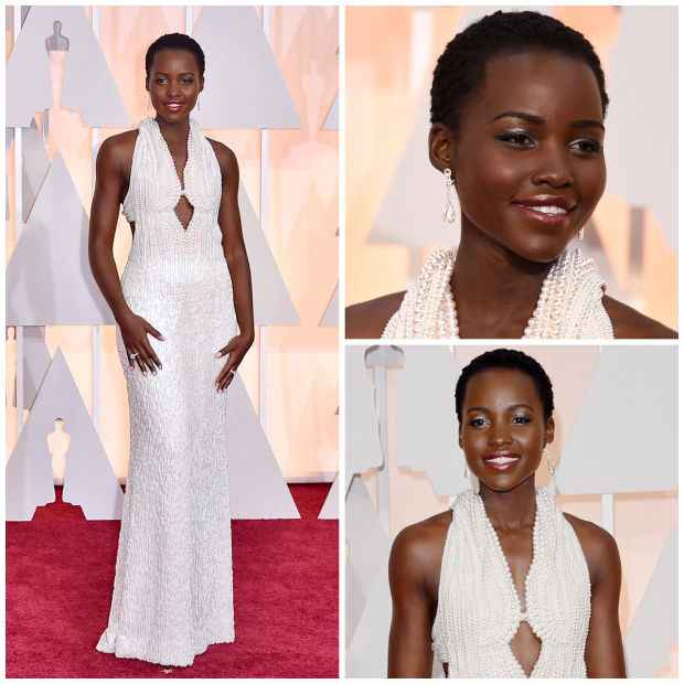 Lupita Nyong'o vestiu Francisco Costa para Calvin Klein e desfilou seis mil pérolas. Foto: AFP/Divulgação() Lupita Nyong'o vestiu Francisco Costa para Calvin Klein e desfilou seis mil pérolas. Foto: AFP/Divulgação/