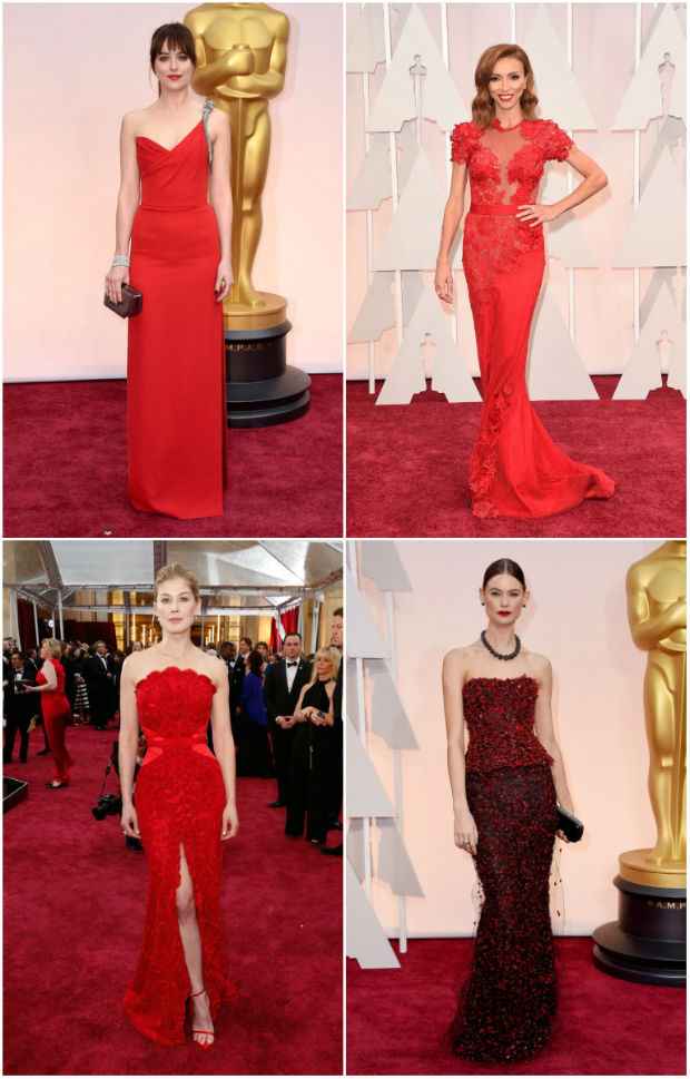 Dakota Johnson e Rosamund Pike se destacaram arrasando no vermelho. Crédito: AFP
