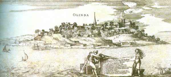 Paisagem de Olinda em 1630, em gravura do acervo do Museu do Estado de Pernambuco