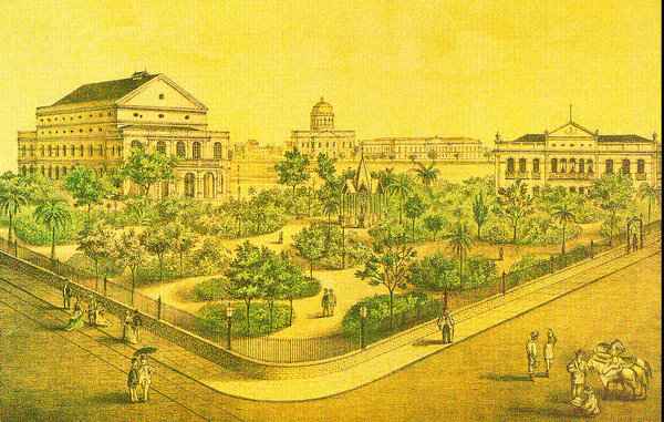 Antigo paisagismo da Praça da República com o Teatro de Santa Isabel em gravura de Luís Krauss