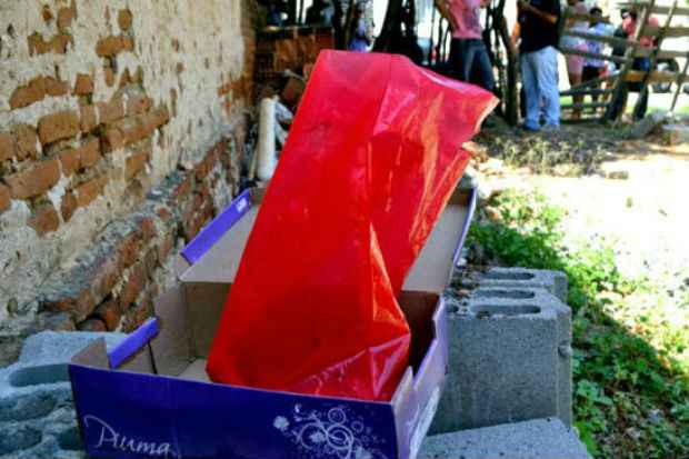 O embrião, de aproximadamente sete meses de gestação, foi localizado dentro de uma sacola plástica em uma caixa de papelão.Foto: PM/ Divulgação/