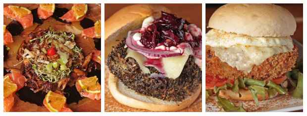 Carpaccio de salm&atilde;o da Wada Tamakaria; Hamb&uacute;rguer de cordeiro empanado e Sandu&iacute;che vegetariano Ponte Nilo Coelho, ambos do Kwai Burguer. Foto: Roberto Ramos/DP/D.A Press/