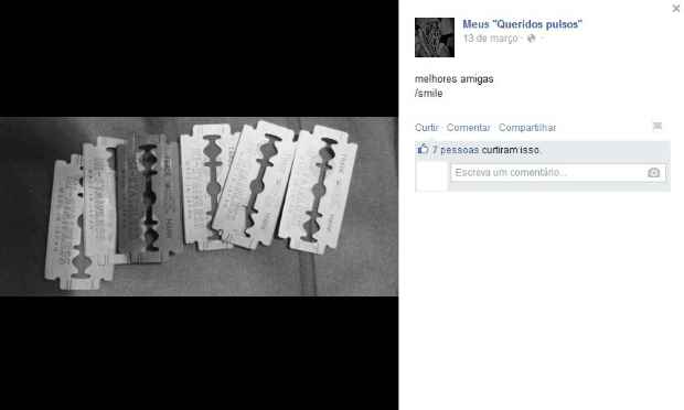 Sites, grupos fechados no Facebook e perfis pessoais nas redes propagam a "filosofia" do autoflagelo. Especialista diz que trata-se de uma via de expressão muito sofrida e que cria dependência. Foto:Facebook/Reprodução() Sites, grupos fechados no Facebook e perfis pessoais nas redes propagam a "filosofia" do autoflagelo. Especialista diz que trata-se de uma via de expressão muito sofrida e que cria dependência. Foto:Facebook/Reprodução/