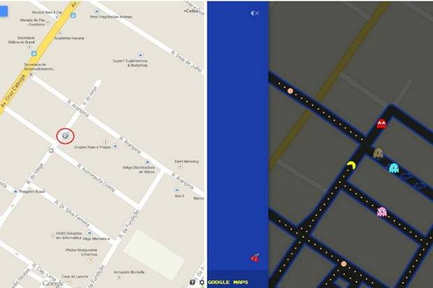 Endere&ccedil;o do jornal na vers&atilde;o tradicional e na vers&atilde;o Pac Man do Maps. Cr&eacute;dito: Google Maps / Reprodu&ccedil;&atilde;o/