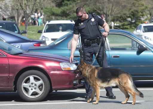 Policial do Capit&oacute;lio usa um c&atilde;o farejador ap&oacute;s informes sobre um tiroteio. Foto: Saul Loeb/AFP/