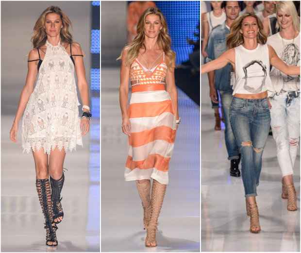 Apesar de focada, Gisele não conteve a emoção. Na foto, os três looks da noite. Fotos: SPFW/Divulgação
