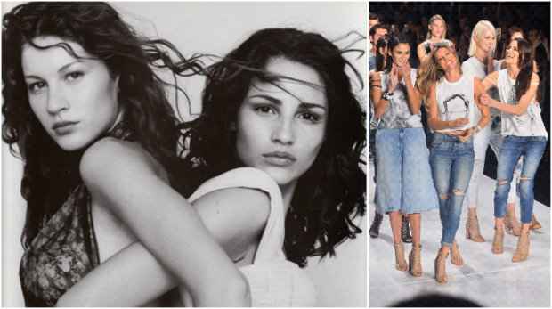 Gisele e Fernanda, no início da carreira, clicadas por Mario Testino. Ao lado, na passarela da noite passada. Fotos: Mario Testino/Divulgação e Twitter/Reprodução
