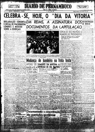 Capa do Diario de Pernambuco em 8 de maio de 1945. (Foto: Arquivo DP/D.A Press)() Capa do Diario de Pernambuco em 8 de maio de 1945. (Foto: Arquivo DP/D.A Press)/