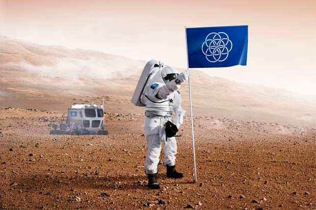 Aqui a bandeira é fincada na superfície de Marte. Foto: The International Flag of Planet Earth/Divulgação