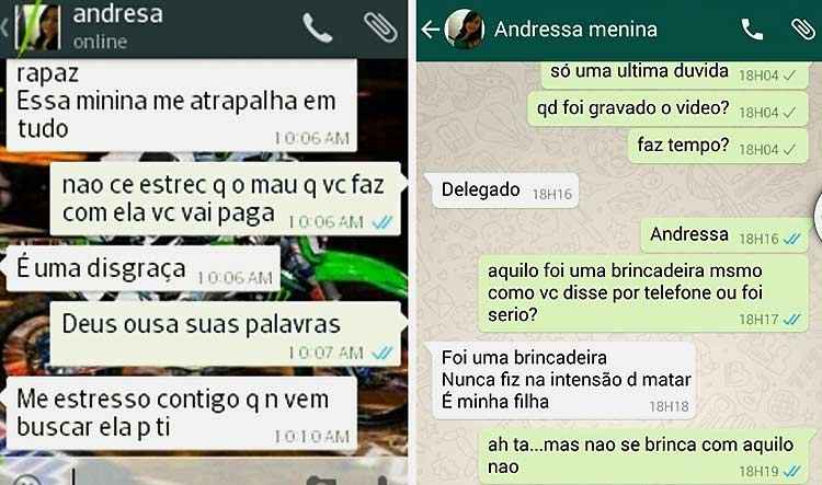 Ap&oacute;s a conversa de Andressa com o ex-companheiro ser compartilhada (esq) o delegado de Uru&ccedil;u&iacute; conversou com a estudante/Reprodu&ccedil;&atilde;o/Whatsapp