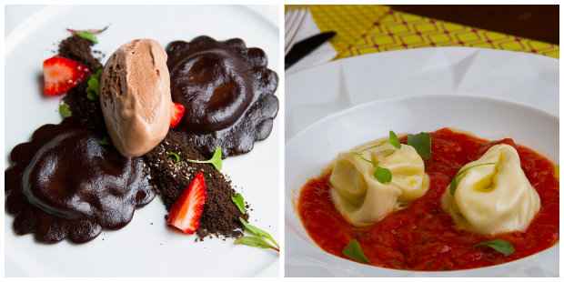 Ravióli de chocolate e Agnolotti de burrata