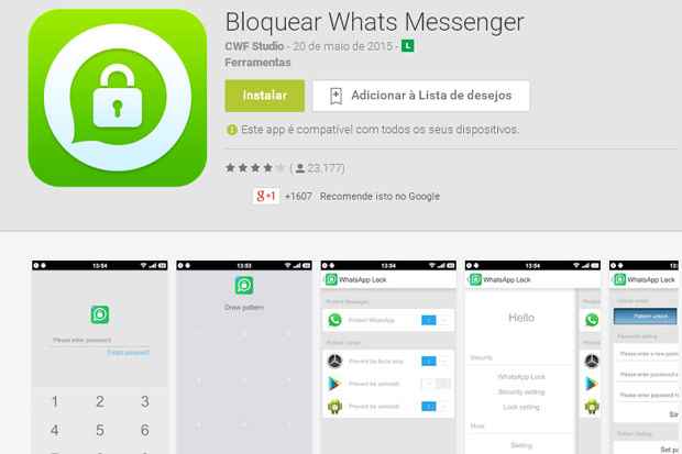 Aplicativo protege o Whatsapp com senha. Foto: Play Store/Divulgação/ Aplicativo protege o Whatsapp com senha. Foto: Play Store/Divulgação/