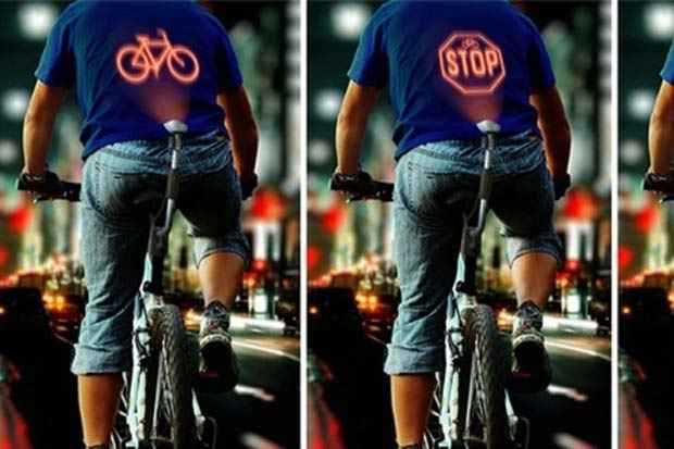 Dispositivo exibirá sinais luminosos nas costas dos ciclistas. Foto: behance.net/Reprodução/ Dispositivo exibirá sinais luminosos nas costas dos ciclistas. Foto: behance.net/Reprodução/