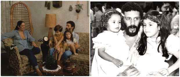 Gonzaguinha com a primeira esposa, Ângela, e os filhos Daniel e Fernanda, à esquerda, e com as filhas Mariana e Fernanda, à direita. Foto: gonzaguinha.com.br/Reprodução