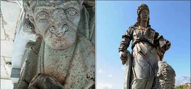 Le&atilde;o aos p&eacute;s do profeta Daniel revela face humana quando visto de outro &acirc;ngulo (detalhe), alimentando as teorias sobre mist&eacute;rios que o mestre Aleijadinho teria ocultado em seu trabalho. (Fotos: Sandoval Souza Pinto Filho/Divulga&ccedil;&atilde;o e Beto Novas/EM/D.A Press)/