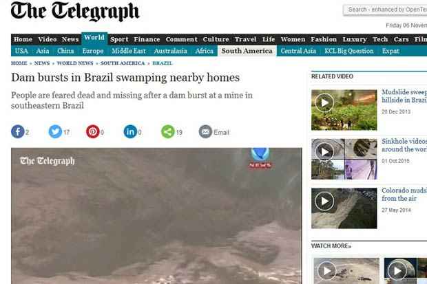 O Telegraph foi um dos jornais estrangeiros que noticiou a trag&eacute;dia.Foto: The Telegraph/Reprodu&ccedil;&atilde;o/