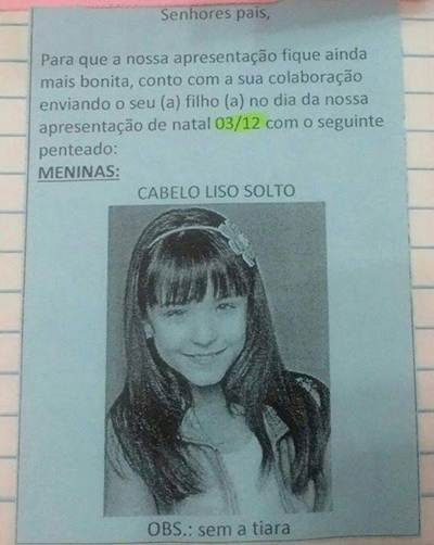 Segundo o pedido, com a colabora&ccedil;&atilde;o dos pais, as meninas ficariam "ainda mais bonitas" com o penteado. Foto: Reprodu&ccedil;&atilde;o/