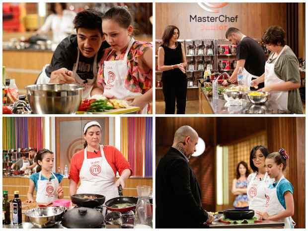 Ex-participantes da segunda edição do MasterChef foram convidados para ajudar os pequenos. As duplas foram Lívia e Fernando, Lorenzo e Raul, Ivana e Izabel, Sofia e Jiang. Foto: Band/Divulgação/ Ex-participantes da segunda edição do MasterChef foram convidados para ajudar os pequenos. As duplas foram Lívia e Fernando, Lorenzo e Raul, Ivana e Izabel, Sofia e Jiang. Foto: Band/Divulgação/