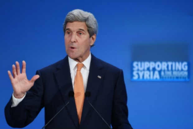 O secretário de Estado americano discursa durante uma conferência de doadores em Londres. Foto: Andy Rain/AFP/ O secretário de Estado americano discursa durante uma conferência de doadores em Londres. Foto: Andy Rain/AFP/