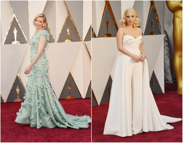 Cate Blanchett desfilou sobreposições feitas de plumas, e Gaga foi de macacão off white com saia sobreposta. Fotos: The Academy/Reprodução da internet e Getty Images/AFP/