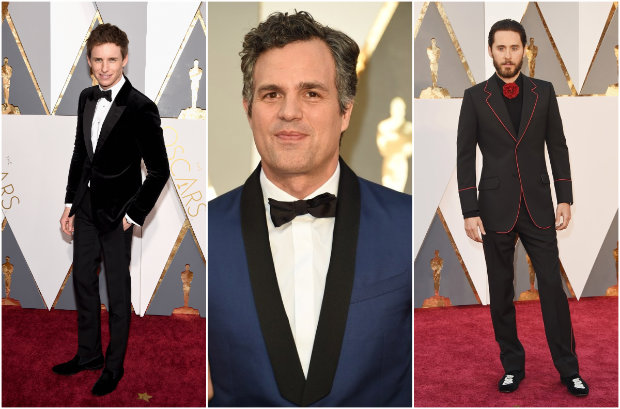 Eddie Redmayne, Mark Ruffalo e Jared Leto desfilaram estilos diferentes no red carpet. Fotos: The Academy/Reprodução da internet e Getty Images/AFP