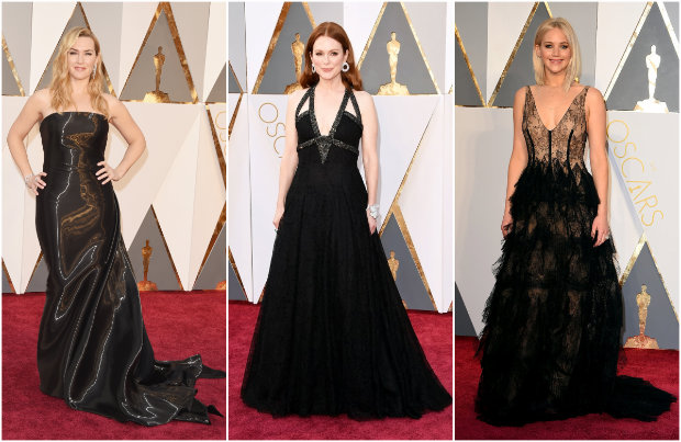 Os vestidos pretos, clássicos do tapete vermelho, em diferentes composições. Fotos: The Academy/Reprodução da internet e Getty Images/AFP