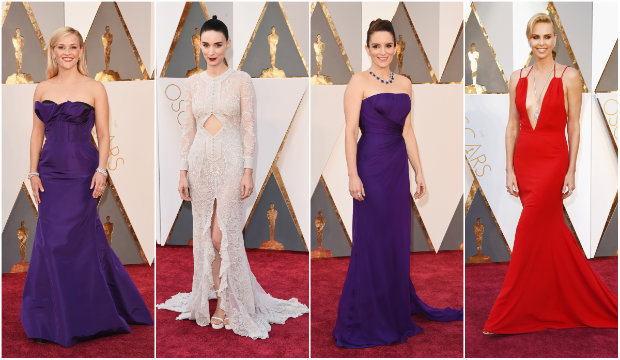 Modelos acinturados, decotes, fendas e aplicações em relevo, além da sobreposição de tecidos, marcaram o red carpet. Fotos: The Academy/Reprodução da internet e Getty Images/AFP