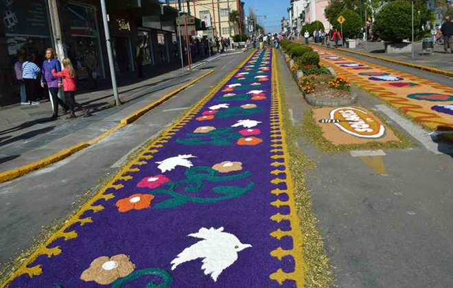 Em Flores da Cunha, na Serra Gaúcha, tradição de montar os tapetes tem mais de 50 anos. Foto: Bárbara Lipp/Divulgação/