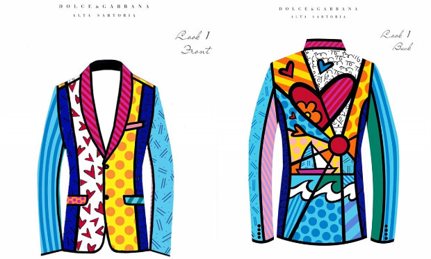 Os croquis do terno criado pela grife Dolce & Gabbana com estampas de Romero Britto. Fotos: @brittopopart/Instagram/Reprodução/ Os croquis do terno criado pela grife Dolce & Gabbana com estampas de Romero Britto. Fotos: @brittopopart/Instagram/Reprodução/