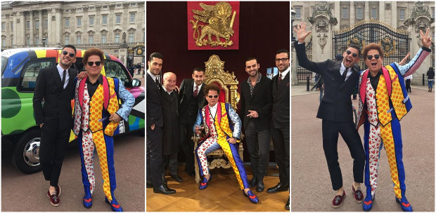 Romero Britto posou com terno da grife em pontos turísticos de Londres, onde comemora aniversário da rainha da Inglaterra, Elizabeth II. Fotos: @brittopopart/Instagram/Reprodução