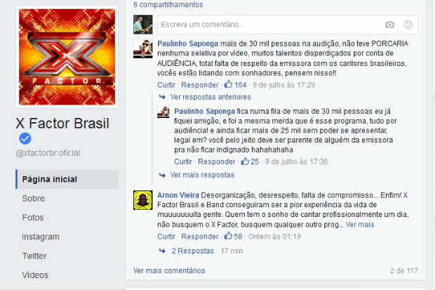 As queixas postadas pelos candidatos no Facebook do X-Factor foram direcionadas à organização, estrutura, processo de seleção e escolha dos aprovados nesta etapa. Foto: Reprodução/Facebook