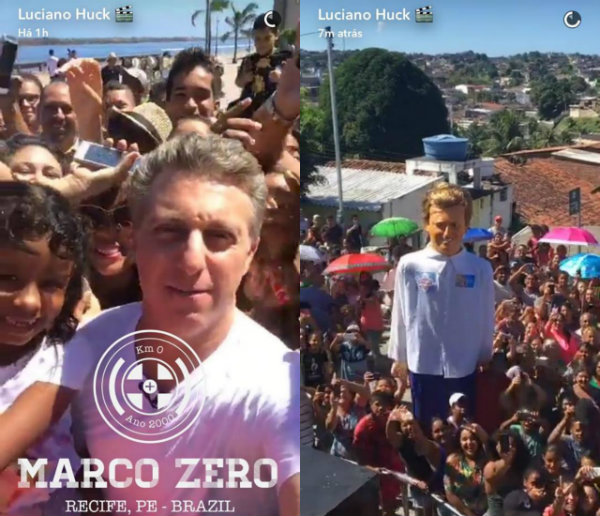 Huck visita o Marco Zero e mostra boneco gigante nas redes sociais. Foto: Reprodução/SnapChat