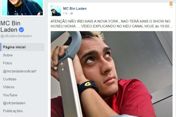 Em sua página oficial no Facebook, MC Bin Laden confirmou cancelamento do show em Nova York. Foto: Reprodução/Facebook/