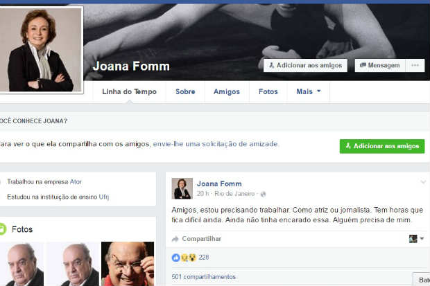 Atriz veterana usou rede social para fazer um apelo e pedir nova oportunidade de emprego. Reprodução/Facebook