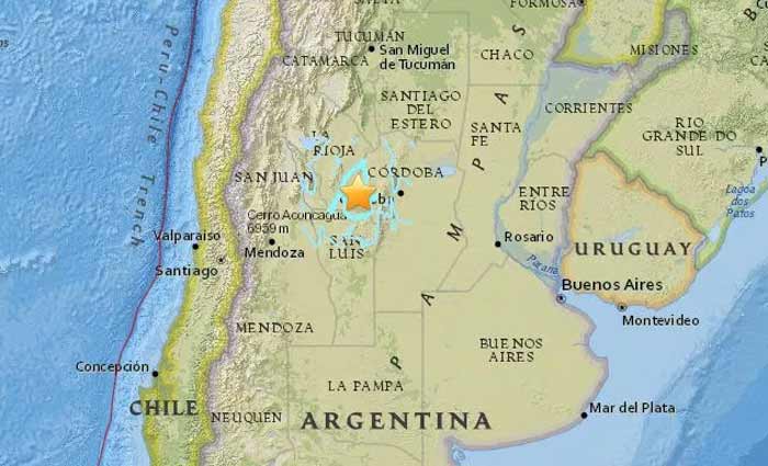 O epicentro do tremor foi a 50 quil&ocirc;metros a leste-nordeste de Ulapes e 148 quil&ocirc;metros a oeste de C&oacute;rdoba. Foto: USGS/Reprodu&ccedil;&atilde;o/