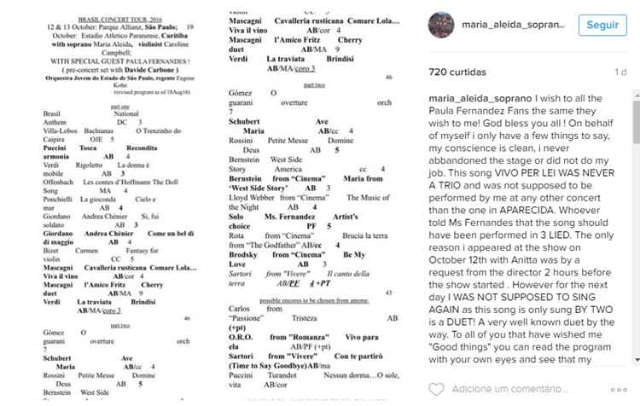 Setlist da apresentação foi publicada por Maria Aleida. Foto: Instagram/Reprodução
