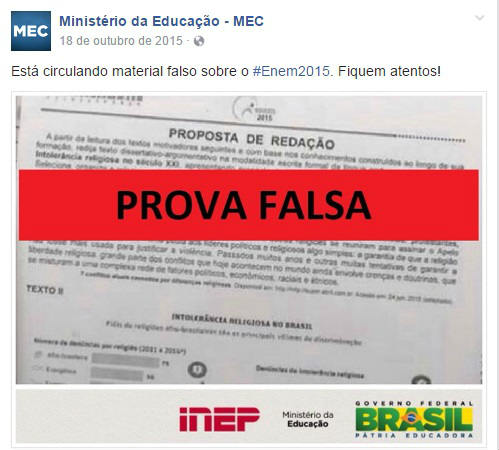 Houve ampla repercussão sobre semelhança entre o tema da redação deste ano com o de uma imagem de suposta prova do Enem que teria vazado em 2015.Foto: MEC/Facebook/Reprodução/ Houve ampla repercussão sobre semelhança entre o tema da redação deste ano com o de uma imagem de suposta prova do Enem que teria vazado em 2015.Foto: MEC/Facebook/Reprodução/