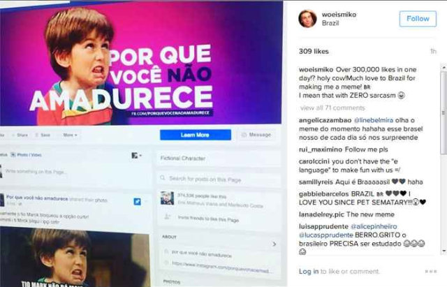 Repercussão foi tanta que o dono do meme, norte-americano, agradeceu ao Brasil. Foto: Instagram/Reprodução