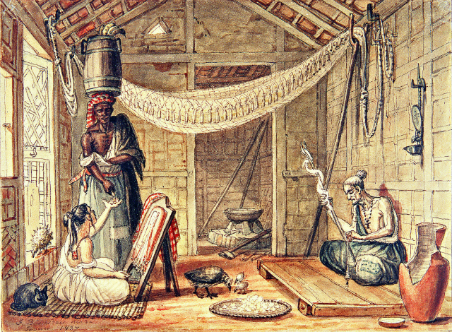 Debret buscou documentar as relações entre as diferentes classes sociais no Rio de Janeiro da época. Nesta gravura de 1827, uma família pobre recolhendo o produto do trabalho de uma negra.  Crédito: IRB/Divulgação