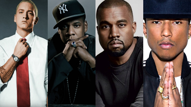 Rappers como Eminem, Jay Z, Kanye West e Pharrell Williams atuam também como produtores. Fotos: Shady Records, Roc Nation, GOOD Music e Interscope/Divulgação/ Rappers como Eminem, Jay Z, Kanye West e Pharrell Williams atuam também como produtores. Fotos: Shady Records, Roc Nation, GOOD Music e Interscope/Divulgação/