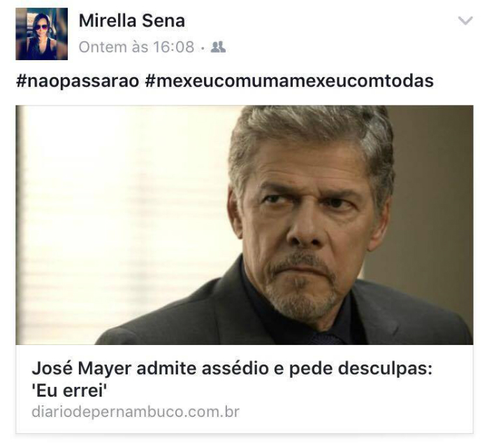 Na tarde dessa terça, Tássia Mirella postou em seu perfil no Facebook hashtags contra o machismo repercutindo a acusação de assédio contra o ator José Mayer. Foto: Facebook/Reprodução
