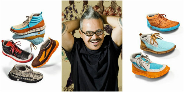 O estilista mineiro Ronaldo Fraga assinou sapatos em couro com textura de lonas. Fotos: Kildare/Divulgação (sapatos) e belohorizonte.mg.gov.br/Reprodução (Ronaldo)/ O estilista mineiro Ronaldo Fraga assinou sapatos em couro com textura de lonas. Fotos: Kildare/Divulgação (sapatos) e belohorizonte.mg.gov.br/Reprodução (Ronaldo)/