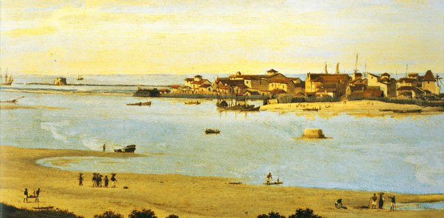Local onde surgiu a primeira ponte do Brasil, no Recife. Imagem: Frans Post/Reprodução./ Local onde surgiu a primeira ponte do Brasil, no Recife. Imagem: Frans Post/Reprodução./