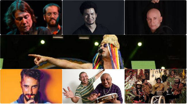 Em cima: Lenine, Z&eacute; Manoel e Jo&atilde;o F&ecirc;nix. Ao centro, Alceu Valen&ccedil;a. Embaixo: Romero Ferro, Caju e Castanha e Bongar. Foto: Montagem/DP/