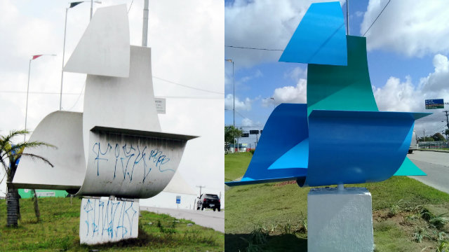 Antes e depois da escultura La Ninã, de Vandenkolk Tinoco. Foto: WhatsApp/Cortesia/ Antes e depois da escultura La Ninã, de Vandenkolk Tinoco. Foto: WhatsApp/Cortesia/
