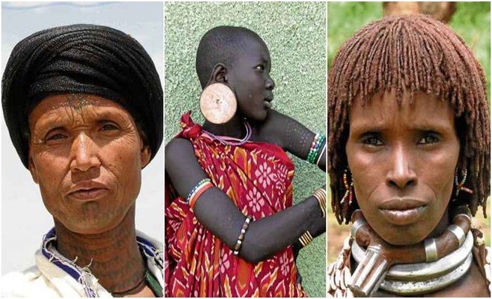 Etíopes de três etnias Amhara, Mursi e Hamer, respectivamente: tons diversos em uma mesma nação africana. Pesquisa baseou-se em amostras genéticas de habitantes de 54 países do continente/Alessia Rancaro/Divulgação