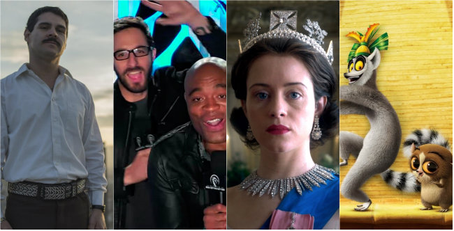 El Chapo, Ultimate beastmaster, The crown e Rei Julien: variedade no cardápio: Netflix/Reprodução/ El Chapo, Ultimate beastmaster, The crown e Rei Julien: variedade no cardápio: Netflix/Reprodução/