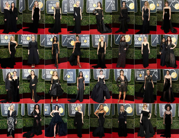 Foram muitas as variações de peças, todas pretas, cruzando o tapete vermelho do Globo de Ouro. Fotos: AFP/Divulgação