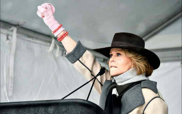 Jane Fonda discursa durante o festival de cinema de Sundance, nos Estados Unidos. Foto: Michael Loccisano/AFP/ Jane Fonda discursa durante o festival de cinema de Sundance, nos Estados Unidos. Foto: Michael Loccisano/AFP/